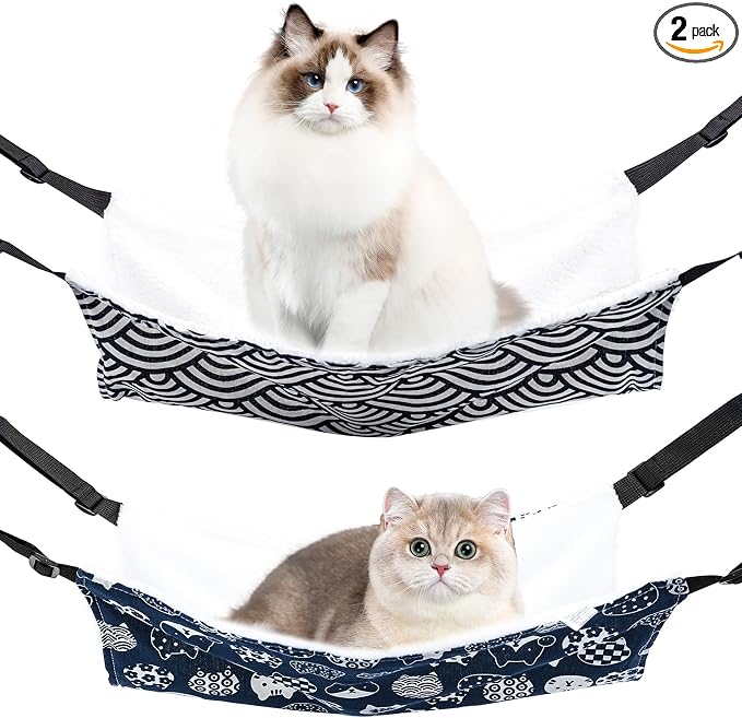 2 Pieces Cat Hammock for Cage Hanging Reversible, Soft Pet Cage Hammock with Adjustable Straps, Double Hammock Suitable for Cats, Puppy, Ferrets, and Small Animals (M, CAT) ﻿ by BCHARYA