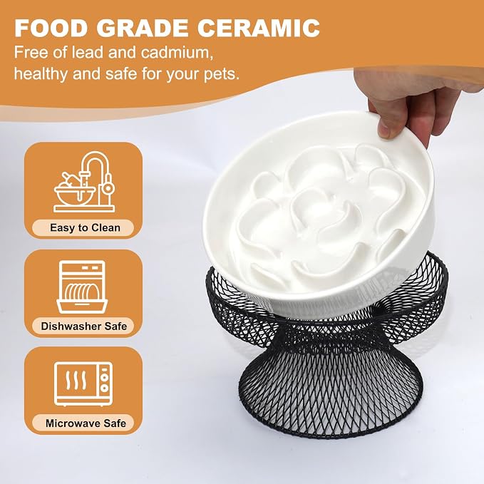 Raised Ceramic Cat Slow Feeder Bowl Elevated Food Bowl with Stand, Cat Slow Bowl for Wet Food and Dry Food, Whisker Friendly Pet Feeder for Kitty and Small Dog - Image 4