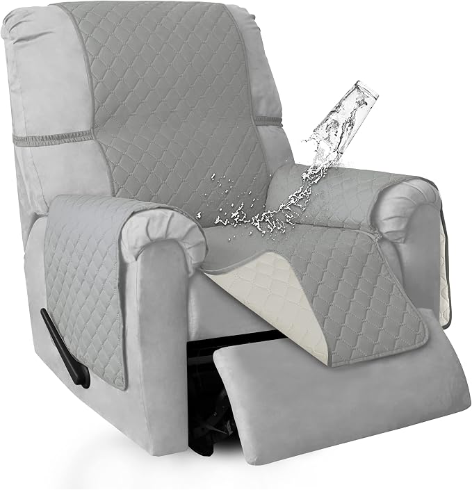 ISSUNTEX Double Protection 100% Waterproof Recliner Covers for Living Room, Reversible Furniture Protector Recliner Couch Sofa Slipcover for Dogs, Pets, Kids (Recliner, Light Gray/Ivory) by ISSUNTEX