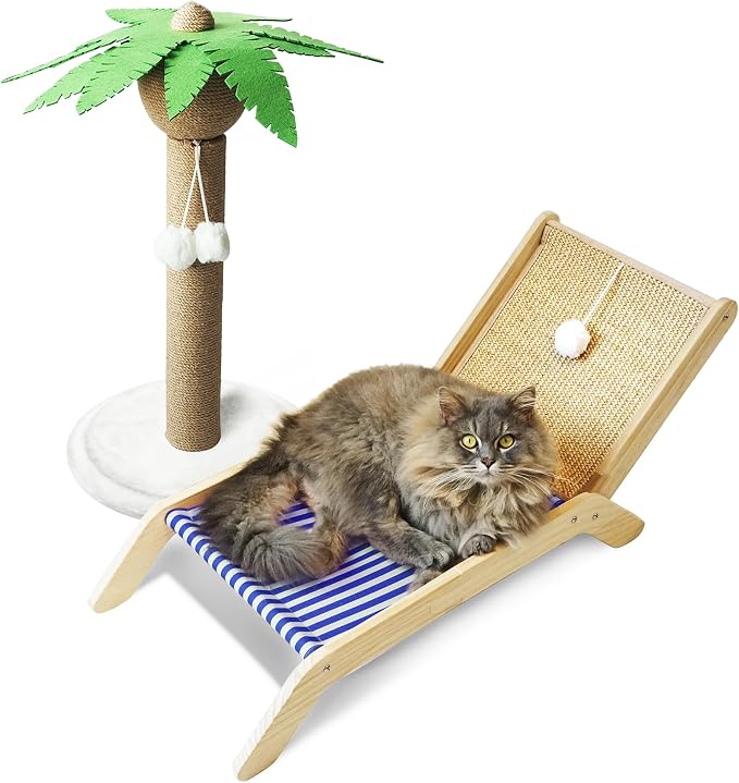 PETKARAY Cat Hammock with Coconut Palm Tree Scratching Post, Cozy Beach Chair Elevated Cat Beds, Original Lounger for Indoor Cats by PETKARAY