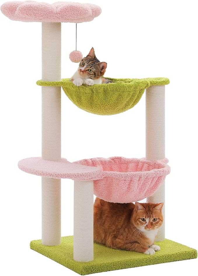 37.4" Flower Cat Tree with 2 Hammocks & 6 Sisal Posts, Pink | Flower top perch, 2 spacious hammocks, 6 sisal posts, Cute small tower, For indoor kittens, Sturdy build by MUTTROS