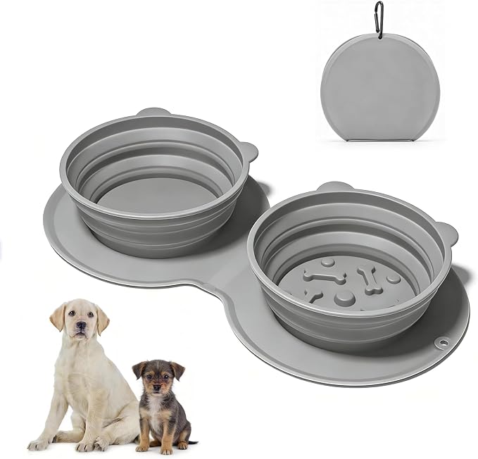 Premium Silicone Collapsible Dog Bowl with Carabiner Clip, 2-in-1 Foldable Double Pet Food & Water Travel Bowl, Portable No-Spill Design for Walking Hiking Camping, for Small Medium Dogs by BaiKevin