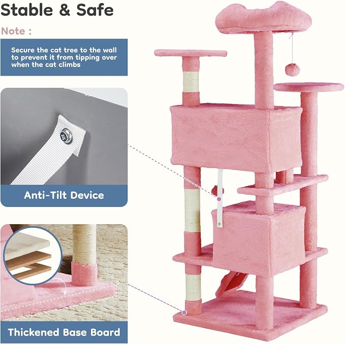 DUMOS 54-inch Cat Tree Tower with Scratching Posts, Indoor Use | Multi-Level Pet House for Large Cats with 2 Condos, Round Platform, Small Ladder and Toys, Pink - Image 4