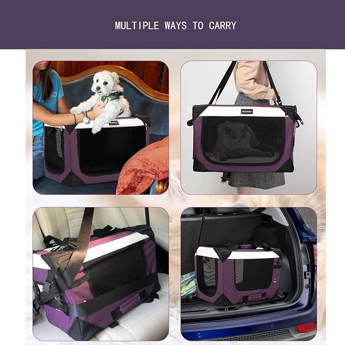 Large Cat Carrier, Collapsible Dog Travel Crate Portable Soft-Sided Pet Carrier with Super Soft Warm Plush Mat for Indoor and Outdoor 24x16x16in,Purple - Image 6