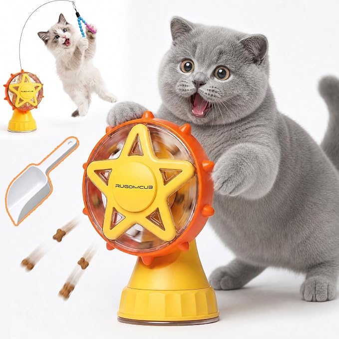Interactive Cat Toy for Indoor Cats, Ferris Wheel Cat Treat Dispenser Teaser Wand & Suction Cup Base, w/Spoon, Puzzle Feeder Toy for Exercise, Mental Stimulation, Slow Feeding by RUGOMCUB