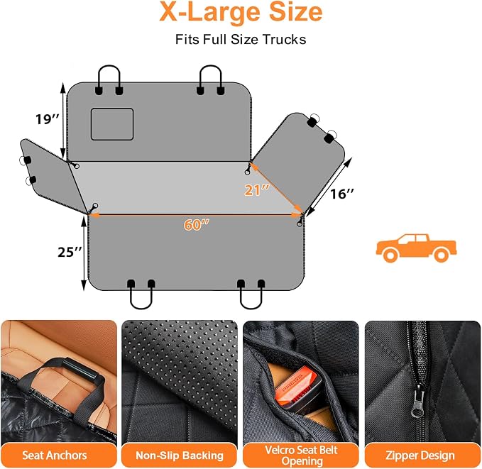 URPOWER XL Dog Seat Cover for Full-Size Truck Back Seat, Waterproof Hammock | 600D Oxford, Side Flaps with Zippers, Scratch Resistant, Non-Slip, Easy Install, Machine Washable, Dog Seat Belt Included - Image 6