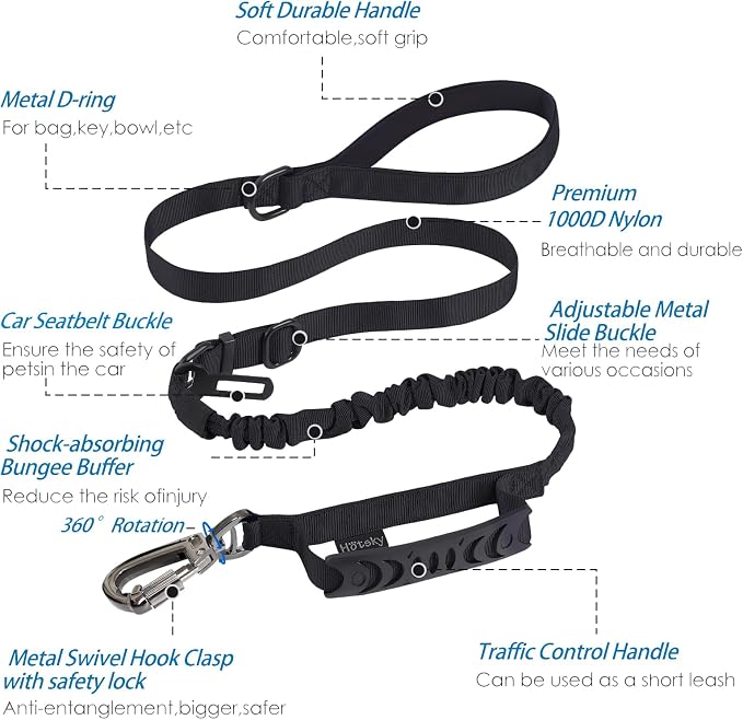 Hotsky Tactical Bungee Shock Absorbing No Pull Dog Leash,Blue Camo,4-6FT | Heavy Duty for Medium Large Dogs That Pull up to 660 lb,with Padded Double Handle ＆ Car Seatbelt,360°Rotating Locking Clasp - Image 2