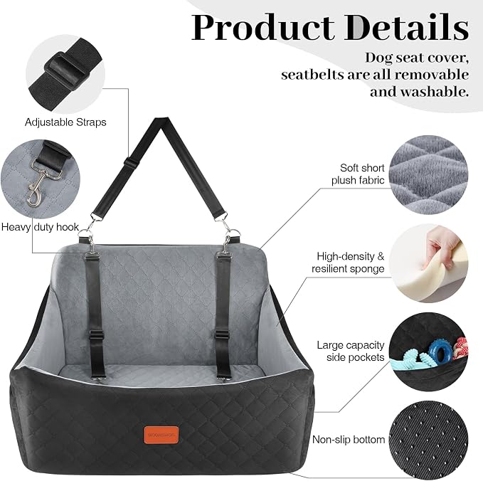 Wooaidagg Dog Car Seat for Medium & Large Dogs Up to 55lbs, Memory Foam Cushion, Washable Cover, Safety Straps & Non-Slip Base(Black/Grey,Large) - Image 2