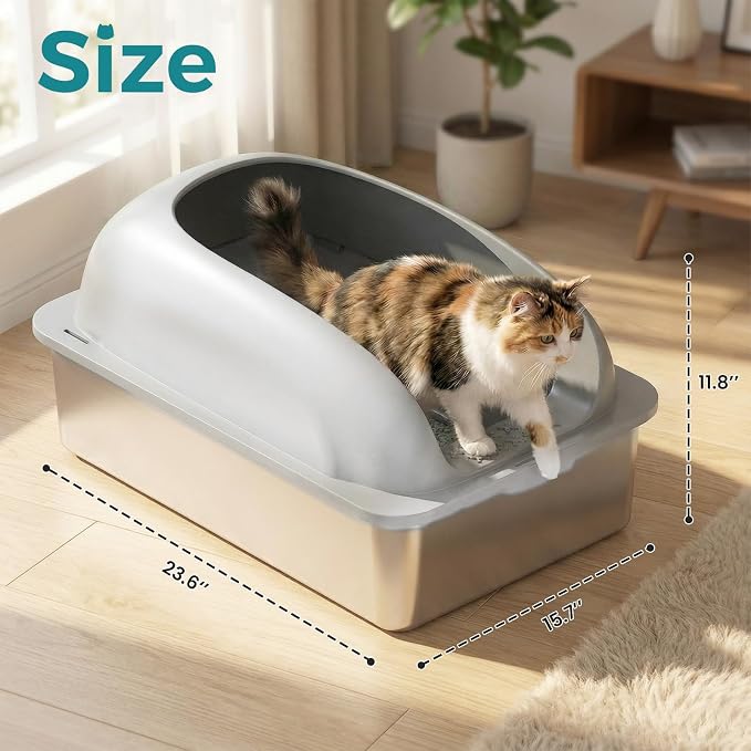 OLIXIS Stainless Steel Large Cat Litter Box with Lid, High Wall Sides | Large Cat Litter Box for Big Cats, Anti-Urine Leakage, Easy Cleaning, Scoop and Mat Included, Light Gray - Image 5