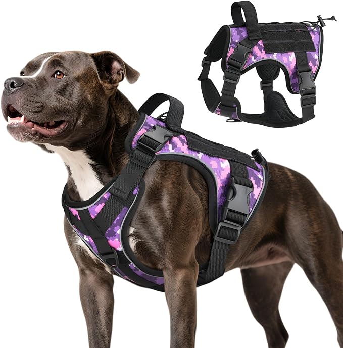 VavoPaw Heavy Duty Tactical Dog Harness for Medium Dogs, No Pull Adjustable | Pet Harness Reflective Service Training Easy Control Pet Vest Military K9 Working Dog Harnesses（Purple Camouflage, M） by VavoPaw