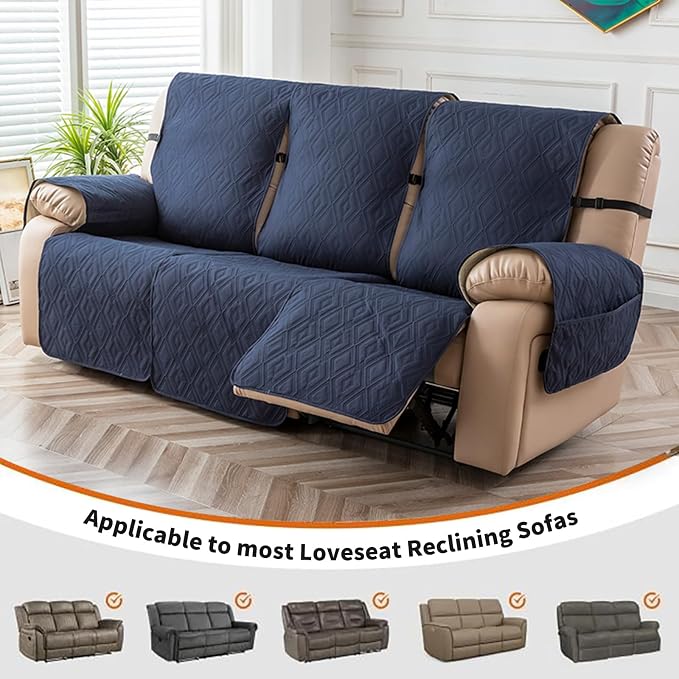 Genina Waterproof Couch Cover for Reclining Couch 3 Seater Non-Slip, Washable Recliner Sofa Covers for 3 Cushion Couch, Furniture Covers Couch Protector for Dogs Pets Kids (Navy, Recliner Sofa) - Image 3
