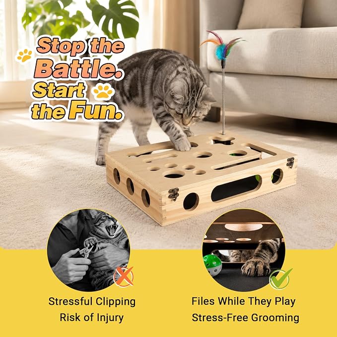 Cat Scratch Puzzle Enrichment Box, Interactive Cat Toy for 3 Balls & 2 Wand | Integrated Cat Nail File Scratcher - Stress Free Alternative to Clippers & Grinders for Indoor Cats - Image 3