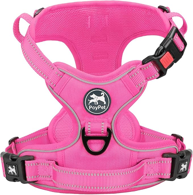 PoyPet No Pull Dog Harness, Reflective Vest with 2 Leash Clips & Handle | Lockable Neck Release Buckle, No Choke, Adjustable, Soft Padded, for Walking Training, Pink Matching Trim, X-Small by PoyPet