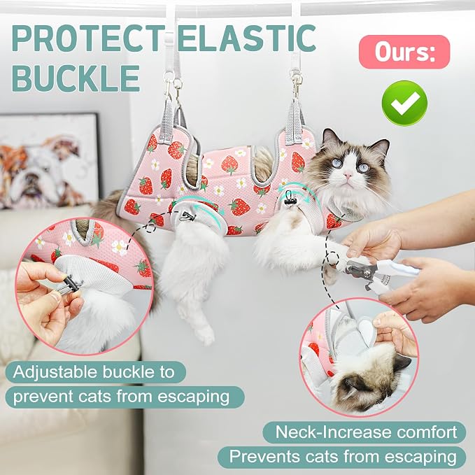 Supet Cat Grooming Hammock Harness for Nail Trimming, Kitten Care Sling | Small Dog Hanging Sling for Nail Clipping, Pet Restraint Holder for Medicine, Ear & Teeth Cleaning, Eye Care (Strawberry S) - Image 3