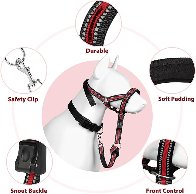 BARKLESS Soft Dog Head Collar, Patented Padded No Pull Head Halter, Training Nose Leash with Safety Link for Medium Large Dogs, Adjustable Muzzle Leash, Easy Control for Walking (XL, Red) - Image 8