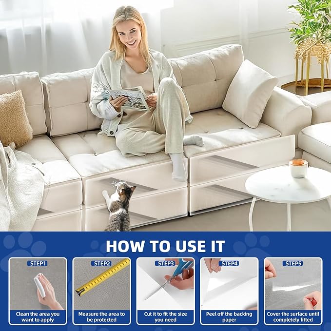 TOOSOFt Anti Cat Scratch Furniture Protector Clear Vinyl 196.9"x16.5" | Couch Protector from Cat Claws Thicken - Single Sided Sticky Flexible Dog Tape for Furniture, for Couch Corner Door Walls Bed - Image 6