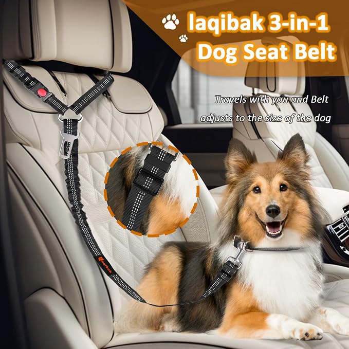 Laqibak Removable Dog Seat Belt Harness for Car, 3 in 1 Pet Seatbelt Leash | Retractable Headrest-Mounted,Restraint & Adjustable Reflective Bungee Dog Seatbelt Tether,Black - Image 2