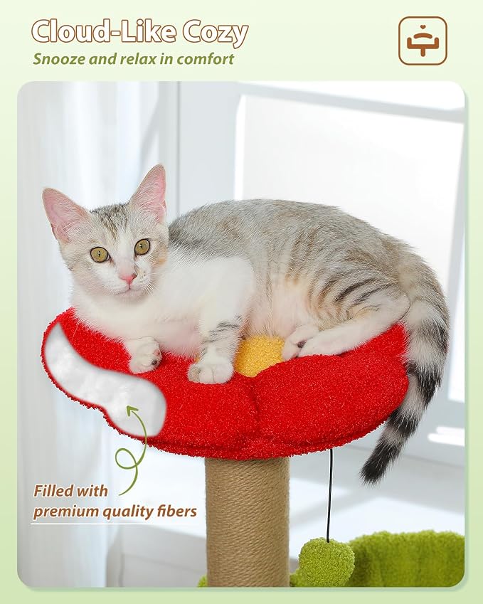 35" Flower Cat Tree for Kittens with Hammock & Sisal Posts, Brown | Flower-shaped top perch, Metal frame hammock, Sisal scratching posts, Cozy pink condo, Sturdy stable base, For small cats - Image 6