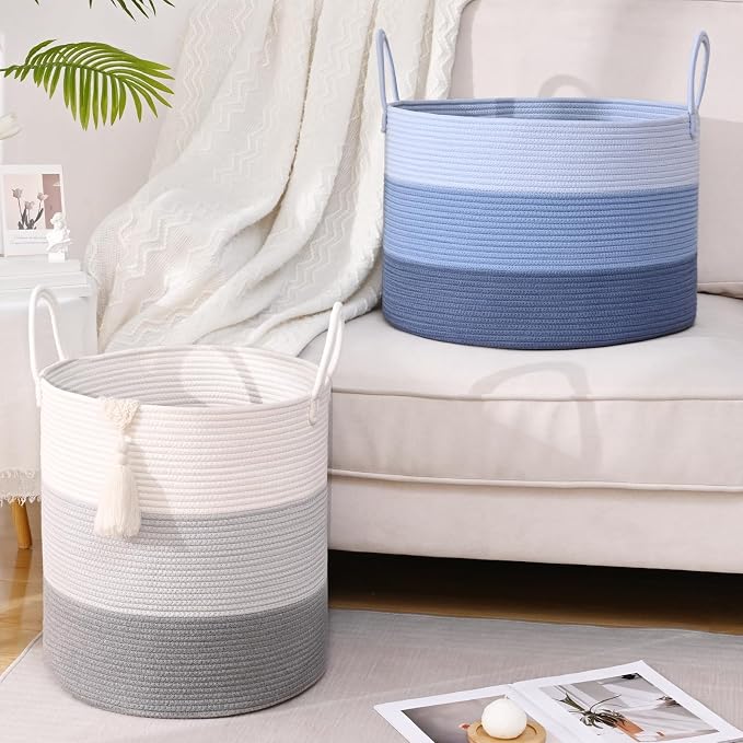 67L Large Woven Blanket Basket, Cotton Rope Baby Laundry Hamper with Handles, Kids Toy Basket for Classroom & Nursery, Soft Round Stuffed Animal Storage, Dog Toy Bin - 20"x13", Blue - Image 8