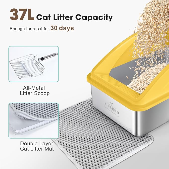 AIPERRO Stainless Steel Litter Box | XL Metal Cat Litter Boxes with Lid | Enclosed High Sided for Big Cats | Anti-Urine Leakage | Non-Stick & Easy to Clean with Litter Mat & Metal Scoop (Yellow) - Image 9