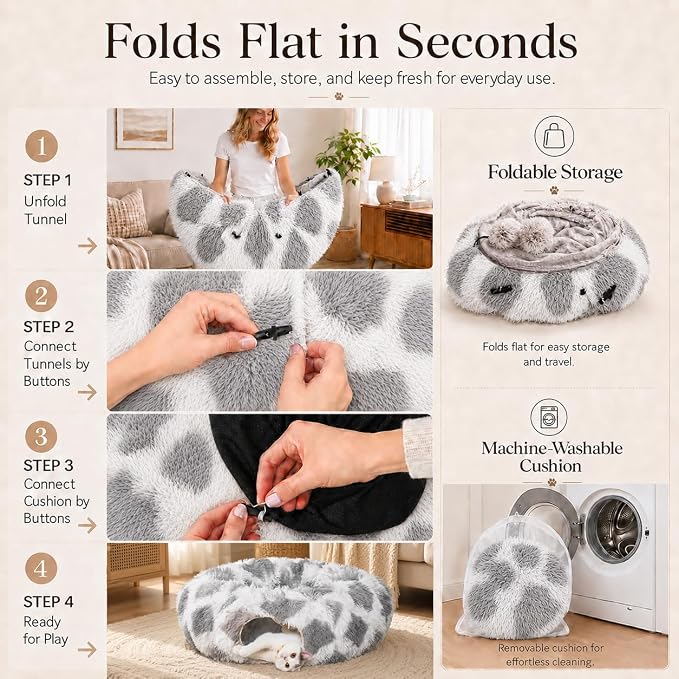Warm Fluffy Plush Cat Tunnel Bed with Washable Cushion- Big Tube Playground Toys 3 FT Diameter Collapsible, for Indoor Cat Kitty Kitten Puppy Rabbit Ferret Gray-White Diamond Pattern - Image 5