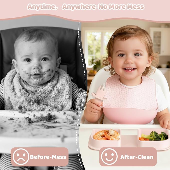 Pink Silicone Foldable Baby Feeding Set, Baby Travel Essential Including Toddler Plates, Spoon&Fork, Adjustable Foldable Bib, Portable Infant Toddler Utensils - Image 5