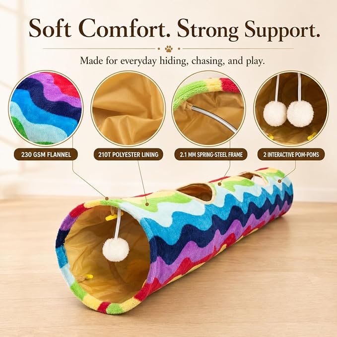 Cat Tunnel -Straight-Shaped, Rainbow Wave Color, Soft Velvet Exterior, Oxford Fabric Fog-Proof Interior, Plush Toy Ball, Easily Washable, Conveniently Foldable, 47.2in/120cm - Image 4