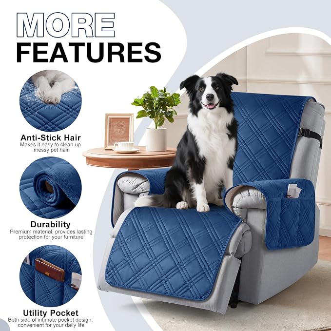 TAOCOCO 100% Waterproof Recliner Chair Cover, Recliner Covers for Recliner Chair with Pocket, Non Slip Reclining Chair Cover Furniture Protector for Kids, Pets(30'', Dark Blue-Velvet) - Image 4