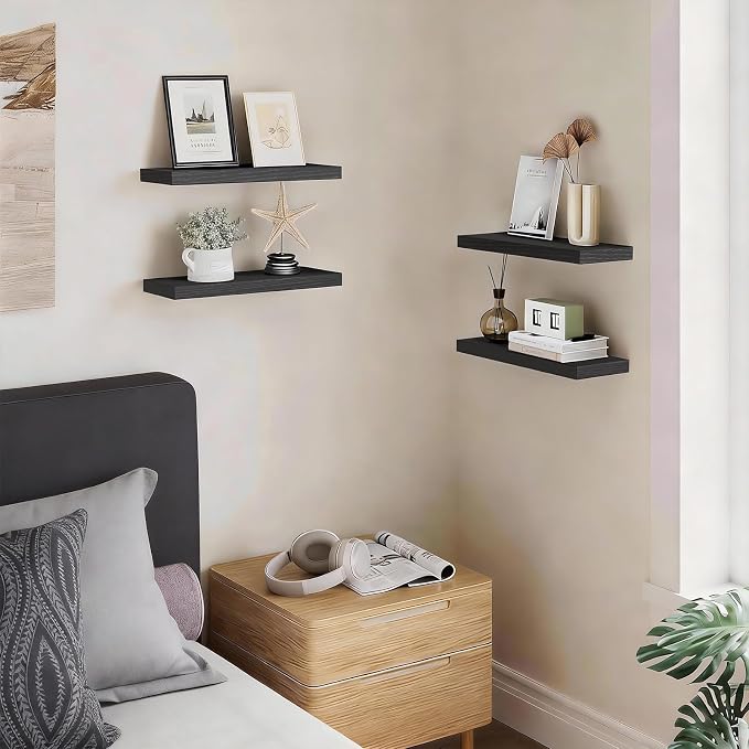 BAYKA Black Floating Shelves 15.7in, Set of 4, Wall Mount Rustic Wood Shelf | Easy Install, 22lbs Max Load, Hidden Bracket, Hanging Shelf for Books/Storage/Room Decor, Multi-Wall Compatible - Image 2
