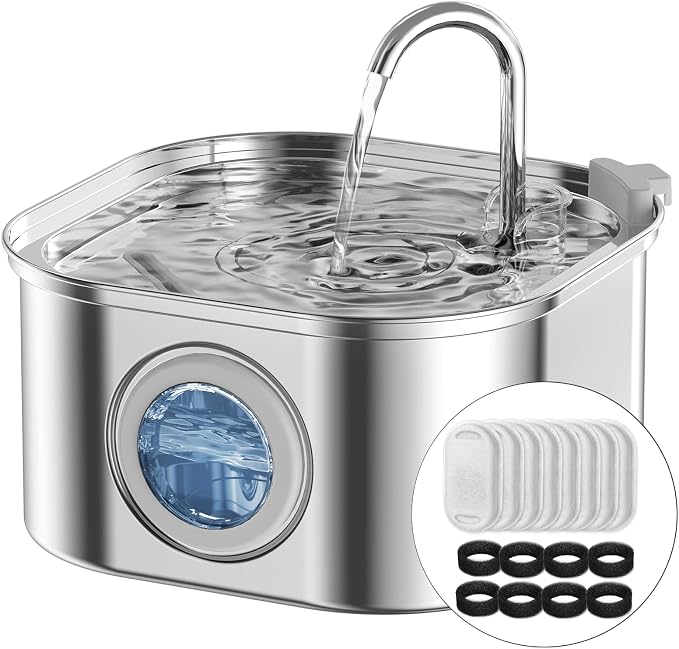 Cat Water Fountain Stainless Steel: 108oz/3.2L Automatic Pet Water Fountain - Dog Water Dispenser with Water Level Window - for Cats Inside with 8 Replacement Filters and 8 Sponges by TheBestPetConsultant