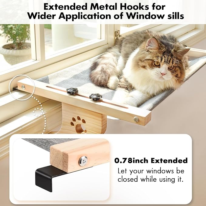 AMOSIJOY Cat Windowsill Perch with Wood & Metal Frame for Large Cat, 27.5in | Solid Wood Frame, Easy to Adjust, Washable Berber Fleece Cover, No Suction Cups Cat Window Seat for Windowsill, Bedside - Image 3
