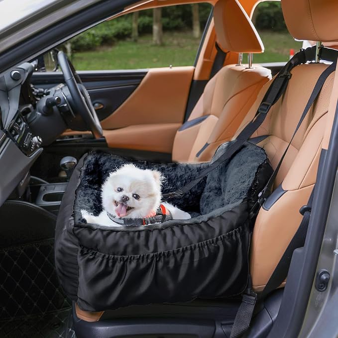 Oiilores Dog Car Seat for Small Dogs, Washable Pet Booster Seats with Clip-On Safety Leash, Comfy Deluxe Plush Carseat with Storage Pockets, Puppy Car Travel Carrier Bed for Dogs Under 25 lbs, Black - Image 2