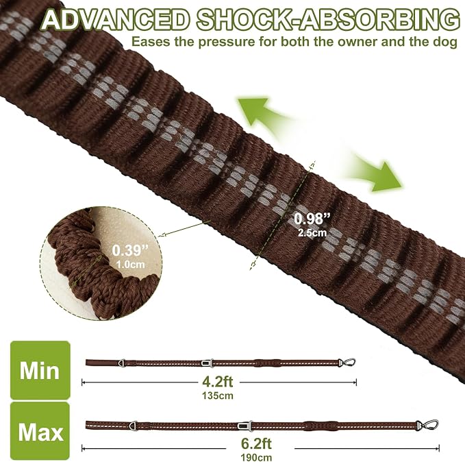 Dog Leash Heavy Duty, Bungee Leash Reflective Car Seat Belt for Dogs Brown | 4-6FT Strong Shock Absorbing Tactical with 2 Padded Handles, Dog Tug Lead for L XLarge Dogs Walking Running Training - Image 3