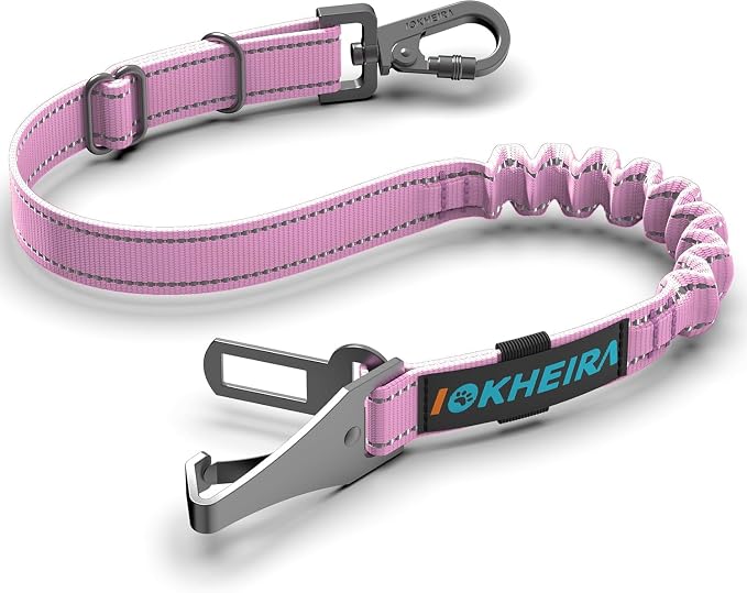 IOKHEIRA Dog Seat Belt 3-in-1 Car Harness for Pets Adjustable Safety Seatbelt Nylon Reflective Bungee Fabric Dog Car Harness with Clip Hook Latch & Buckle, Swivel Zinc Alloy Carabiner (Pink) by IOKHEIRA