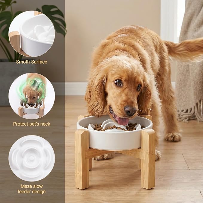 Elevated Ceramic Slow Feeder Dog Bowls Anti-Choking Slow Feeding for Small&Medium Size Anti-Slip Non-Lead & Toxic Durable Easy to Clean Maze Slow Feeder Bowl（8.26in White Flower Pattern） - Image 3