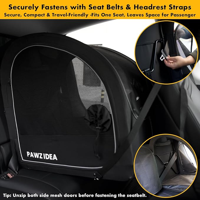 PAWZIDEA Portable Dog Crate for Car Travel, Medium & Large Dogs Up to 80lbs | Enclosed Soft-Sided Dog Car Kennel for Backseat, Secures w/ Seatbelt & Headrest Strap, Collapsible Car Carrier, Chew-Proof - Image 4