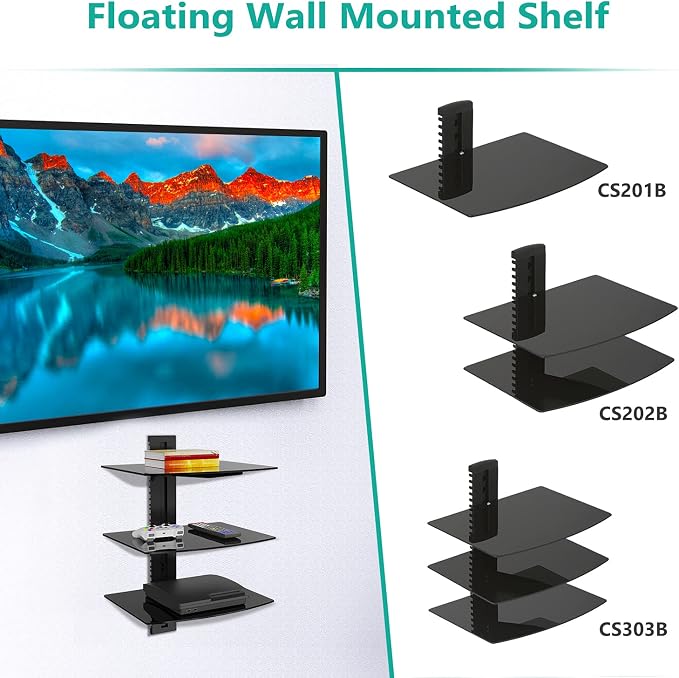 WALI Floating TV Shelf, 3 Tier Glass Projector Shelf for DVD Players, Routers, Game Consoles, Cable Boxes, Living Room Decor Accessories, Wall Mount Shelves Holds Up to 17.6lbs(CS303B), 3-Shelf, Black - Image 6