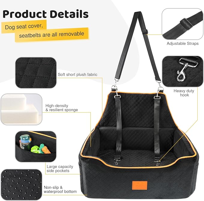 XIEEAOZEE Dog Car Seat for Large/Medium Dog, Booster Seat for Dogs Under 55Lbs or 2 Small, Detachable and Washable Travel Pet Seat with Thick Cushion and Storage Pockets (Black) - Image 4
