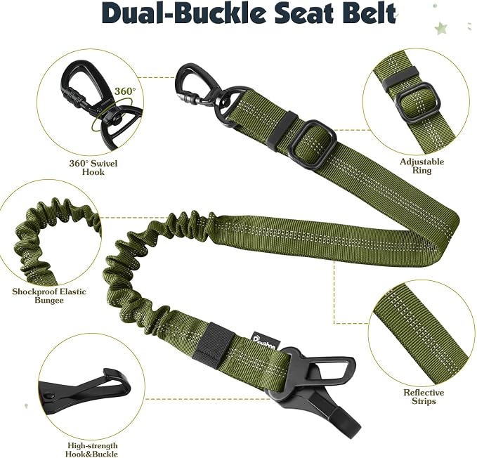 Pawaboo Dog Seat Belt Harness for Car, Seatbelt Harness with 2 in 1 Buckle | Adjustable Breathable Harness for Car, Elastic Reflective Heavy Duty Dog Tether, for Small Medium Large Pets, S, Green - Image 3