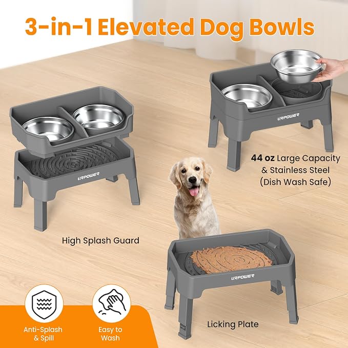 URPOWER Elevated Dog Bowls, 3-in-1 Double Deck Raised Dog Bowl Stand | 4 Height Adjustable Raised Stand with 2 Stainless Steel Food Bowls & Licking Plate for Small, Medium & Large Dogs - Image 4