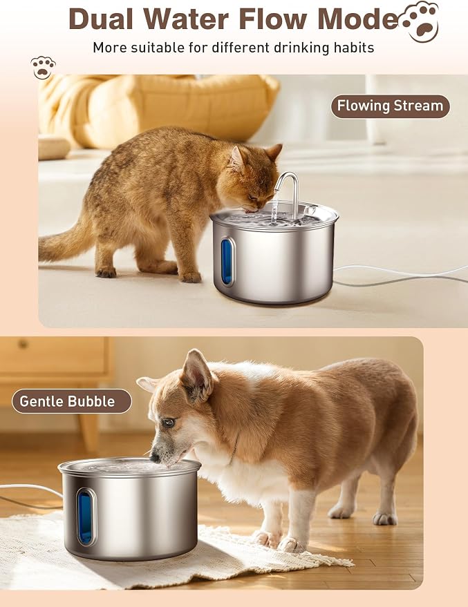 Stainless Steel Cat Water Fountain, 3.2L/108oz Quiet Automatic Cat Water Dispenser, Indoor Pet Spout, Dog Drinking Bowl with 1x Filter & 1x Sponge for Cats/Dogs/Multiple Pets - Silver - Image 5