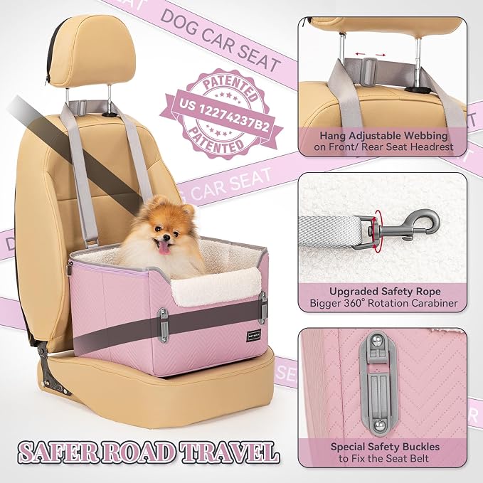 PETSFIT Dog Car Seats for Small Dogs, Portable Puppy Car Saet for Car with Clip-On Leash, Adjustable Straps Suitable for Small Pets Up to 25lbs (Light Pink) - Image 3