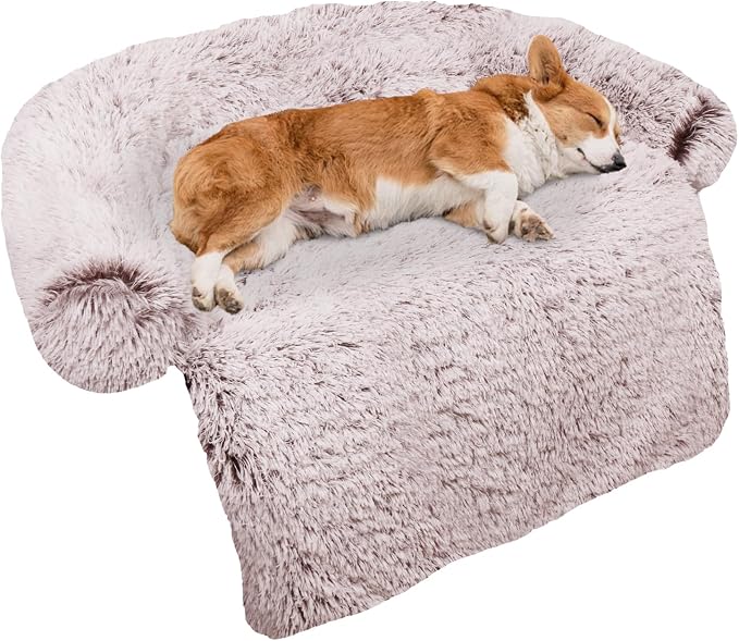 GGIB Calming Dog Bed Fluffy Plush Dog Mat for Furniture Protector with Removable Washable Cover for Large Medium Small Dogs and Cats (Medium, Rust White) by GGIB