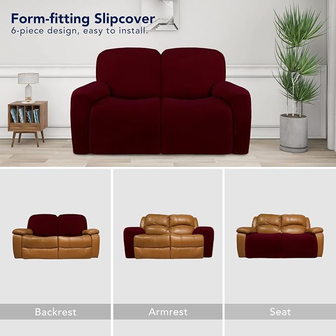 PureFit Super Stretch Loveseat Recliner Sofa Couch Cover with Pocket | 2 Seats Non Slip Soft Sofa Slipcover, Washable Reclining Furniture Protector for Kids, Pets (Recliner Loveseat, Wine) - Image 4