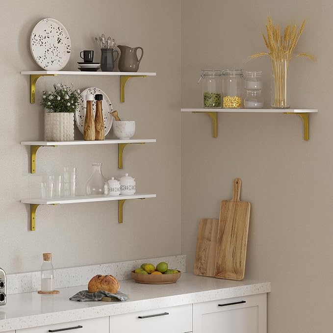 Long Wall Shelves, 31.5Inch Wooden Wall Mounted Shelves, Set of 4 | Large Floating Book Shelf, Metal Brackets, Easy Assembly, Max Load 22lbs, Wall Storage Ledges, Bedroom/Bathroom, White & Gold - Image 5
