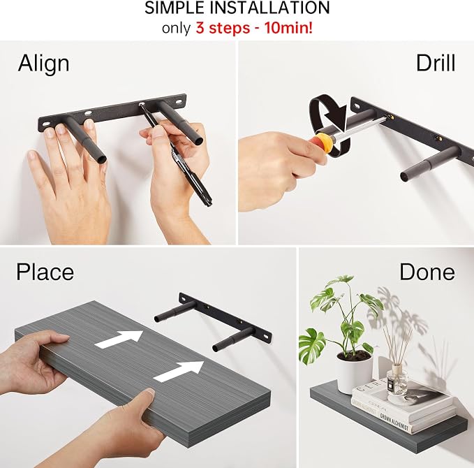 BAYKA Grey Floating Shelves 22.5in, Set of 2, Wall Mounted for Wall Deocr | Easy Install, 22lbs Max Load, Hidden Bracket, Shelving for Bathroom Bedroom Kitchen Book Room Storage, Multi-Wall Compatible - Image 6