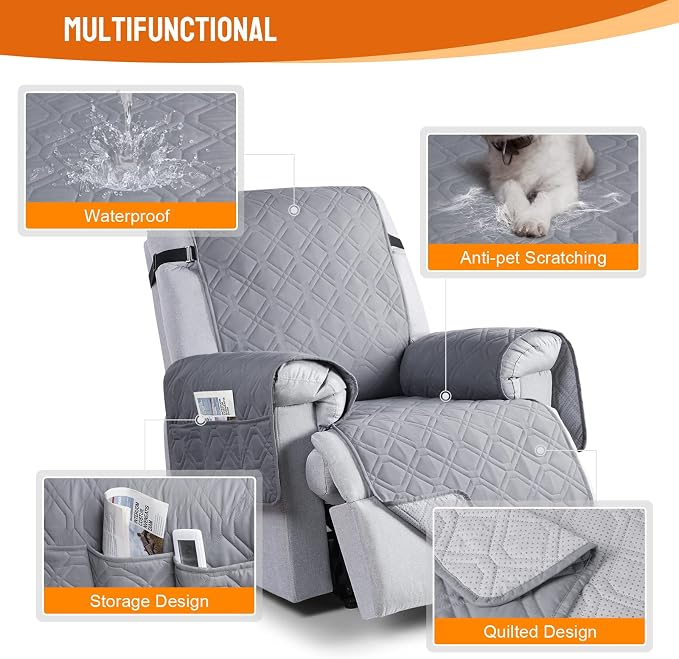 VANSOFY 100% Waterproof Recliner Chair Covers Washable, Light Gray, 25" | Non-Slip, Slipcover with Pocket, Furniture Protector, Elastic Straps, Chair Cover for Pets, Dogs - Image 4