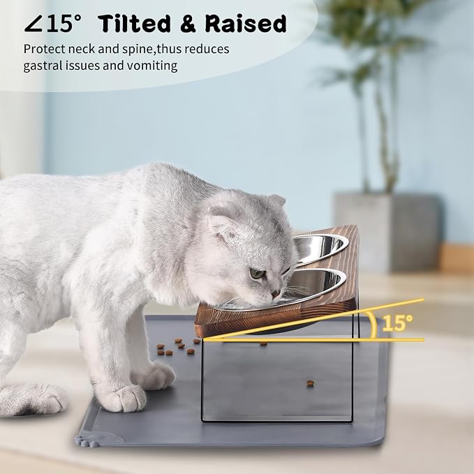 Upgraded Elevated Cat Bowls with Food Mat,15°Tilted Stand Anti Vomiting Raised Cat Dishes for Food and Water,2 Stainless Steel Bowls for Cats and Puppy（Rustic Brown） - Image 4