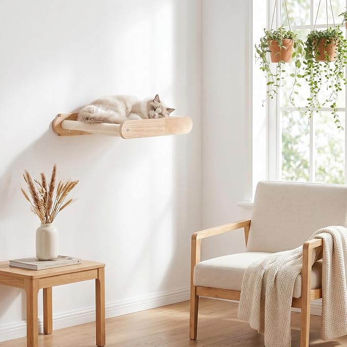 HOOBRO Wooden Cat Hammock with Soft Fabric, Cat Shelves & Furniture, Wall Mounted Cat Beds and Perches for Lounging, Playing, Sleeping, Holds up to 40 lb, Easy to Install, Natural NL03CS03N2 - Image 4