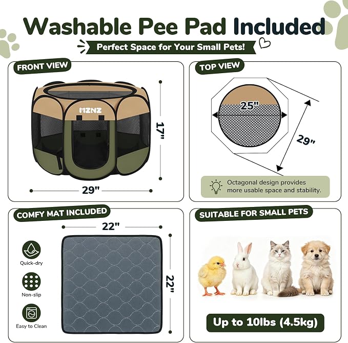 Dog Cat Small Animal Puppy Playpen with Pee Pad, Small, Olive Green | Portable Pop Up Pet Cage Enclosure Tent Kennel Indoor Outdoor with Carrying Case, No Assembly, Camping Use - Image 2